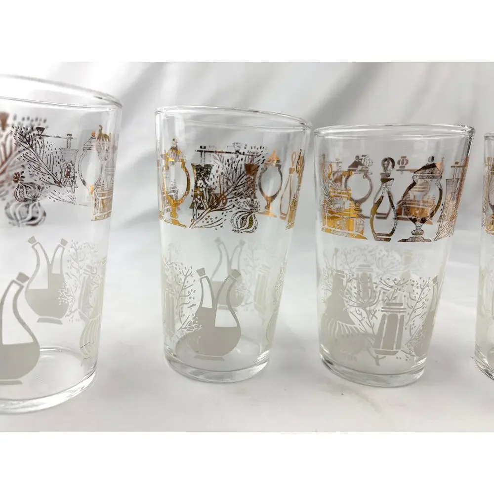 Vintage Federal Glass Tumblers Set of 4 Clear Drinking Glass Gold Accent Design‎